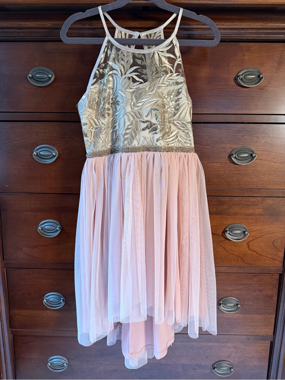 Rare Editions Girls Gold Sequin Blush Pink High Low Dress Size 8